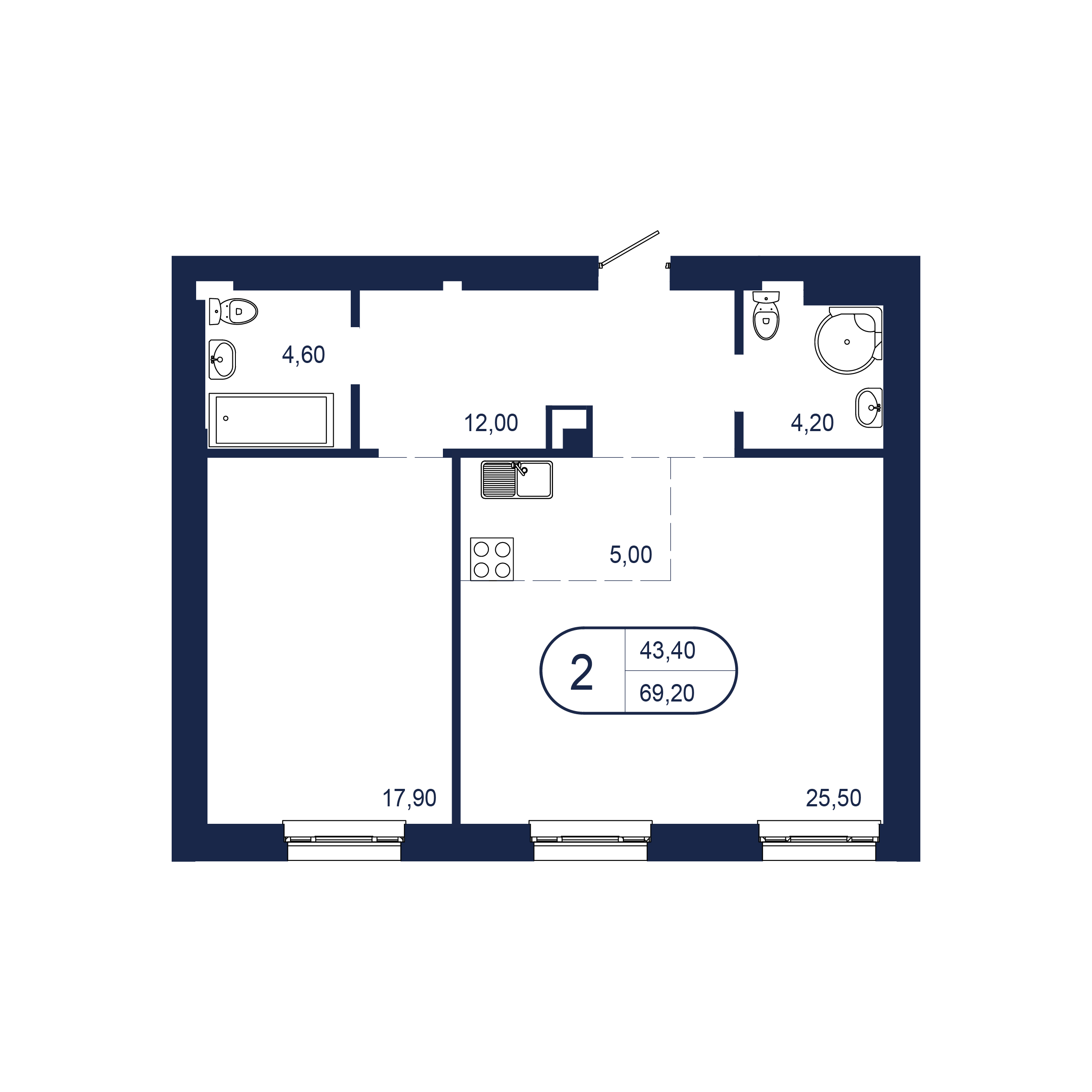 2-комнатная 69 м2 в ЖК Клубный дом «NEW BRIDGE» корпус null этаж 8