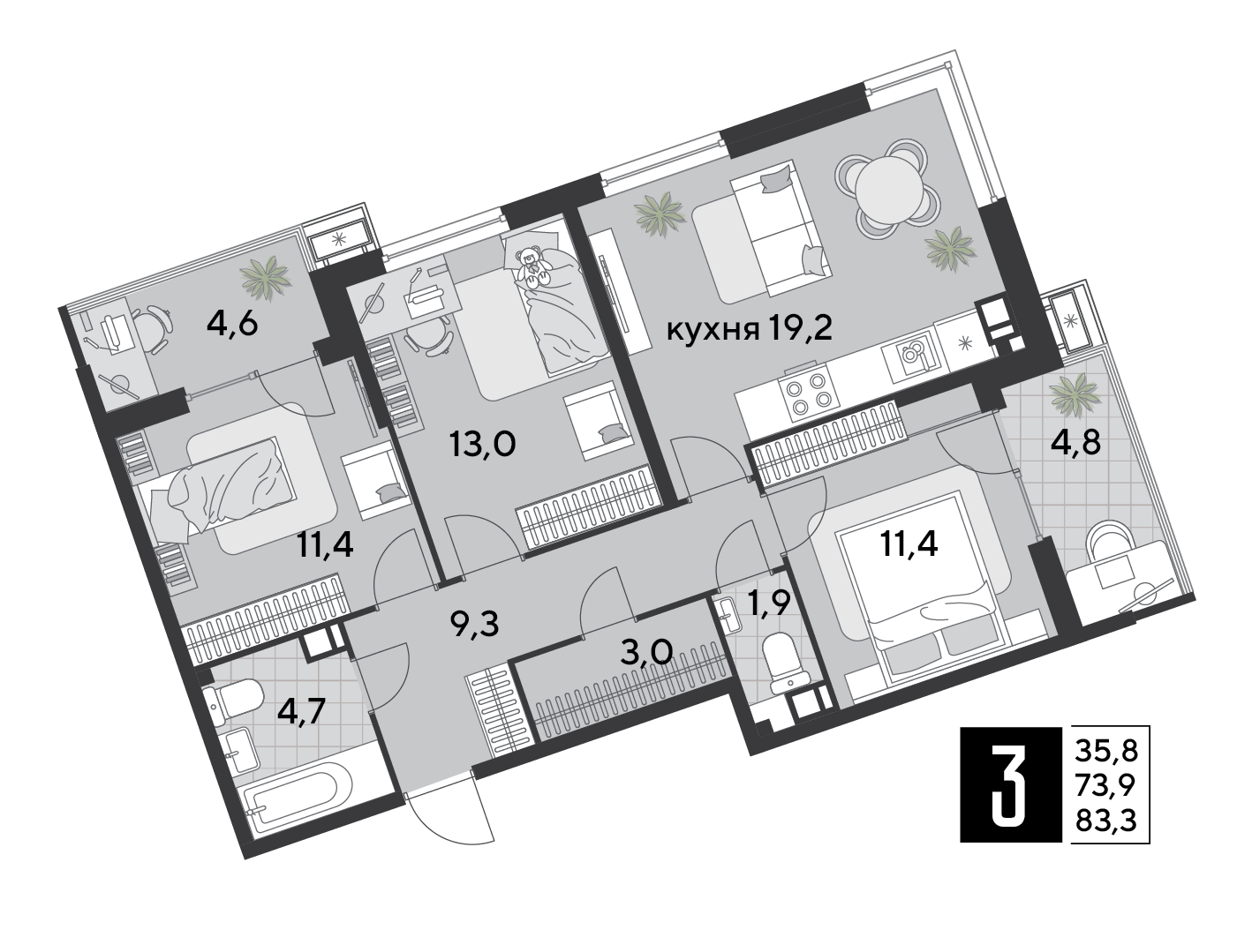 3-комнатная 84 м2 в ЖК Парк Победы 2 корпус null этаж 8