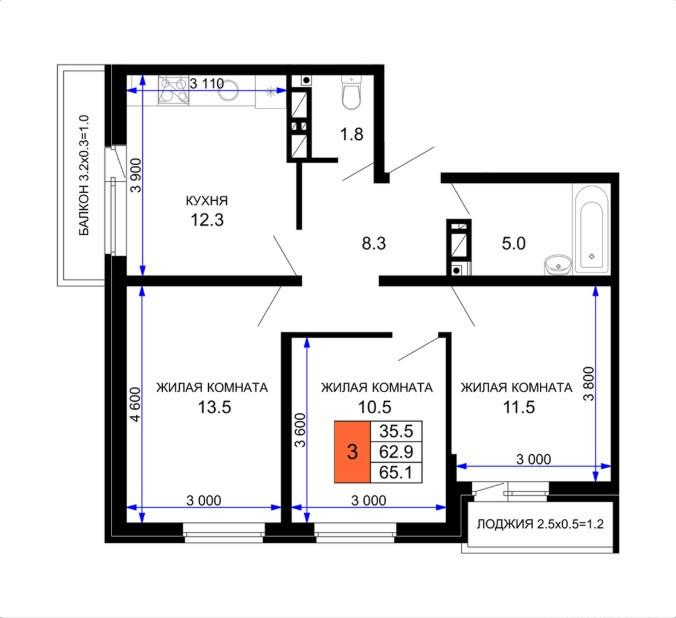 3-комнатная 65.1 м2 в ЖК undefined корпус null этаж 14