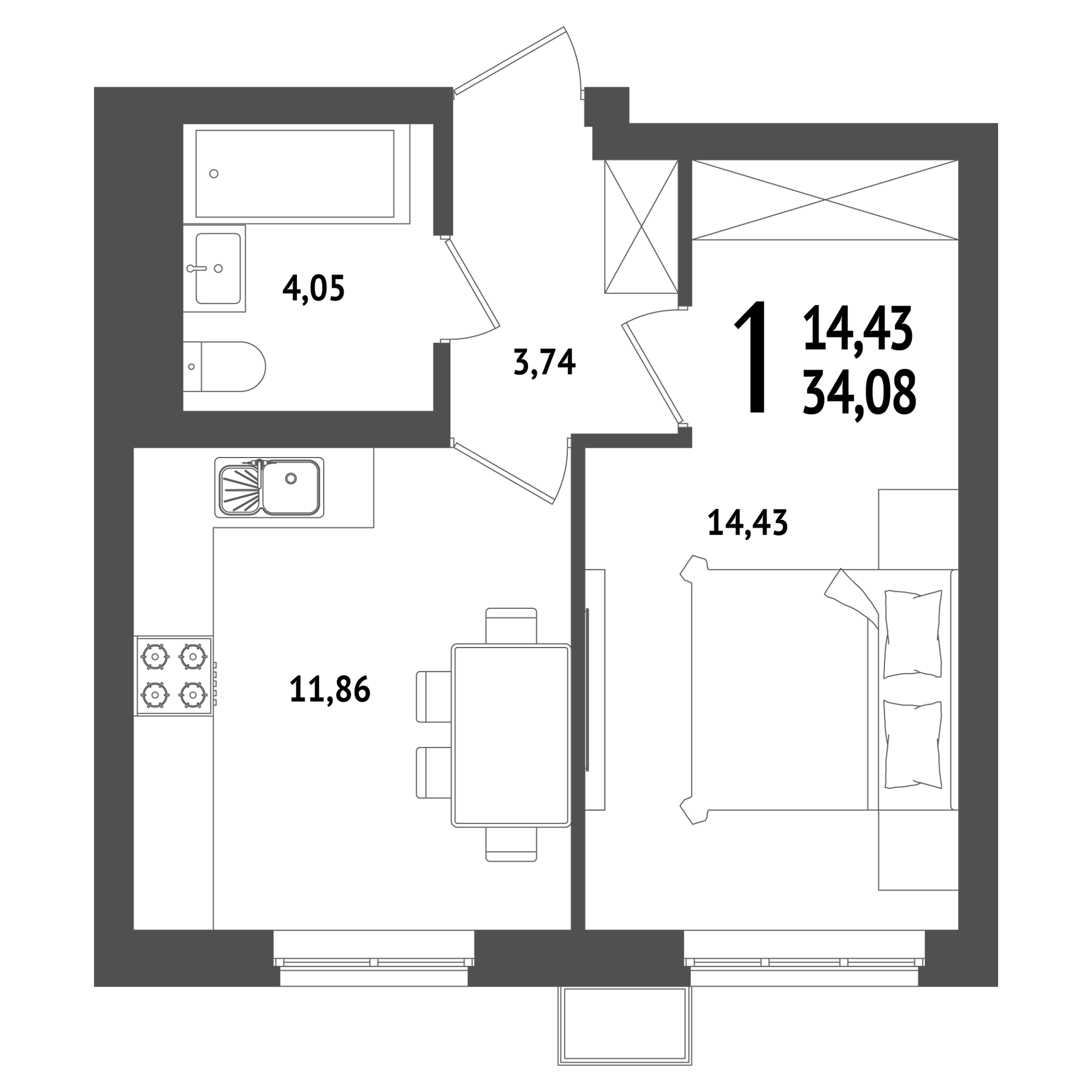 1-комнатная 34 м2 в ЖК Холмогоры корпус null этаж 14