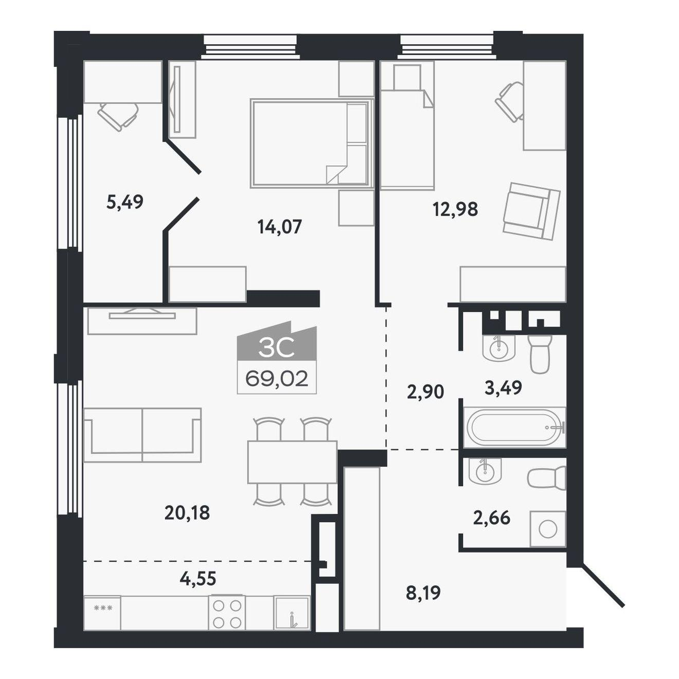 3-комнатная 69 м2 в ЖК Квартал 1604 корпус null этаж 12