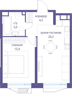 1-комнатная 38 м2 в ЖК Остров корпус null этаж 4