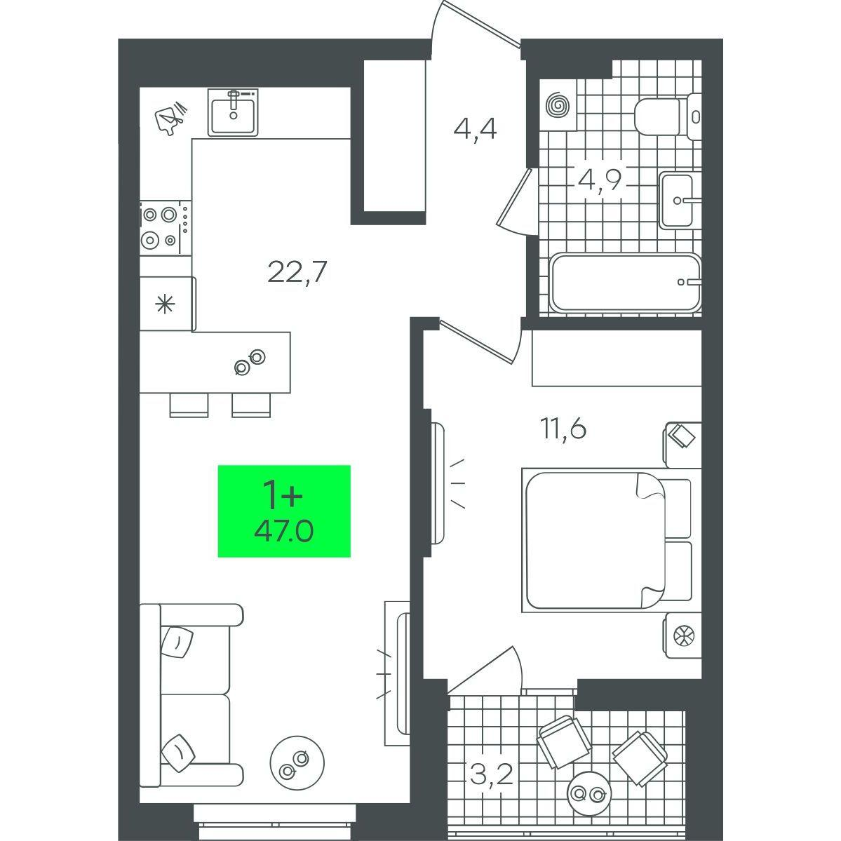 1-комнатная 47 м2 в ЖК Гранд Квартал корпус null этаж 11
