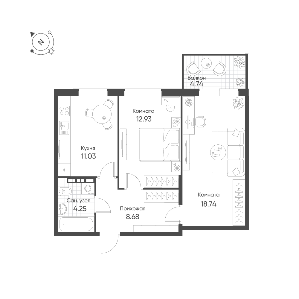 2-комнатная 57 м2 в ЖК Балтым-Парк корпус null этаж 2