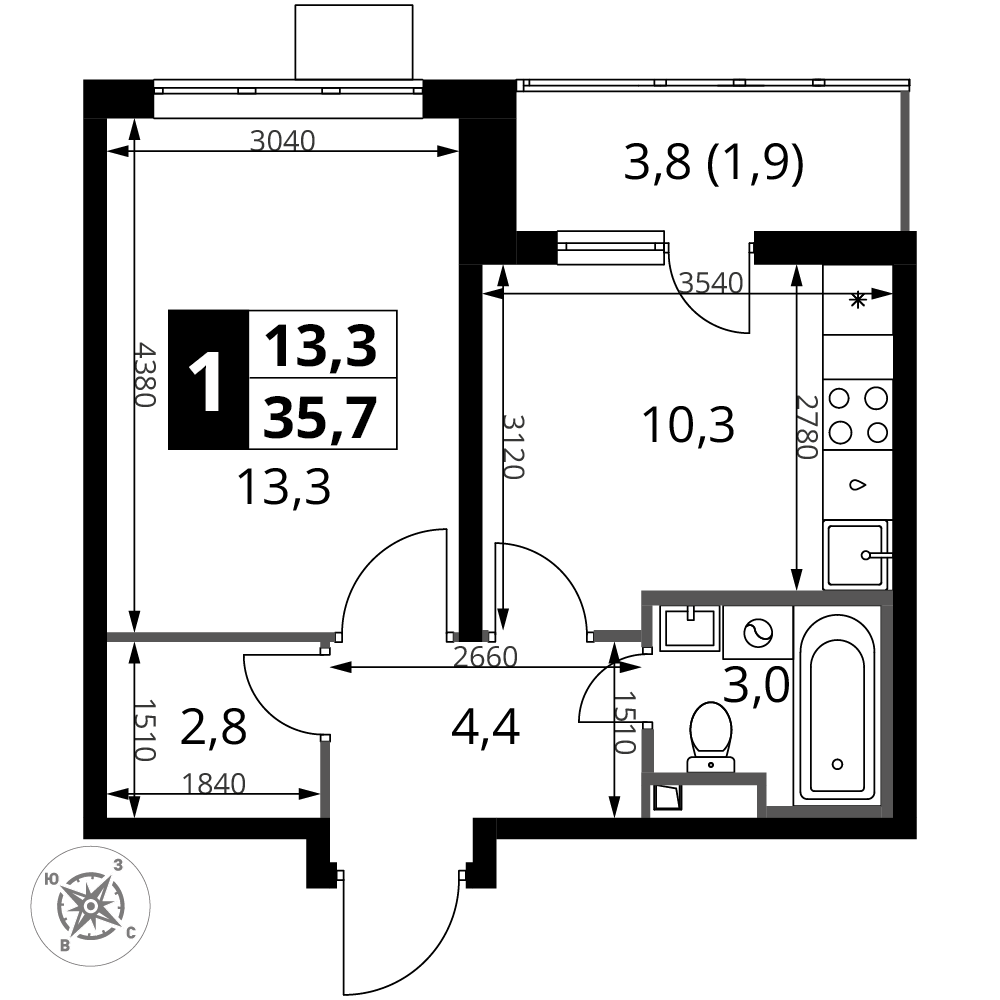 1-комнатная 35 м2 в ЖК 1-й Донской корпус null этаж 19
