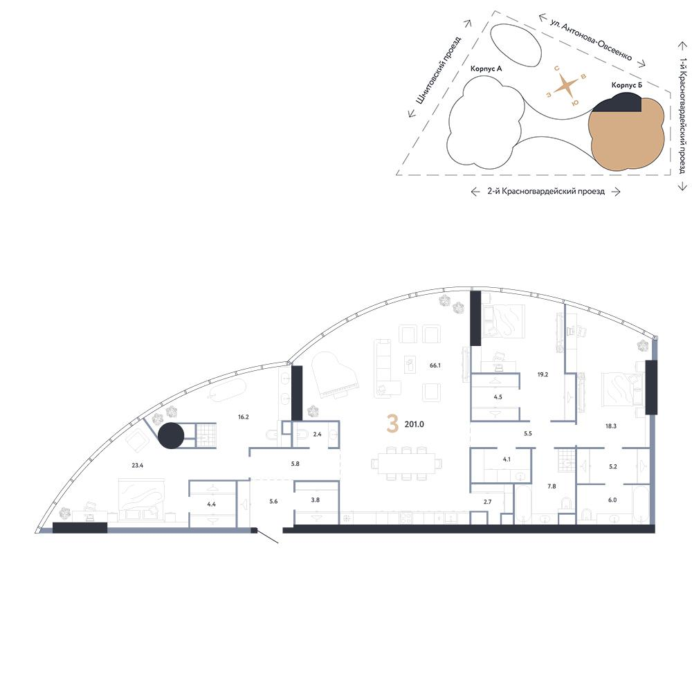 3-комнатная 201 м2 в ЖК АУРУС Резиденции корпус null этаж 36