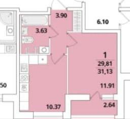 1-комнатная 30.3 м2 в ЖК undefined корпус null этаж 4