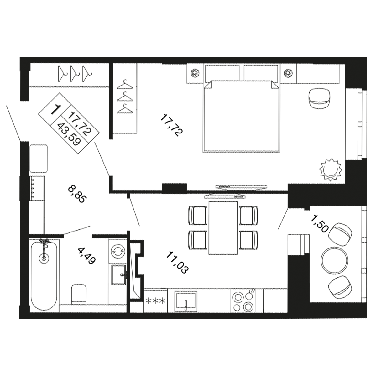 1-комнатная 43 м2 в ЖК Времена года корпус null этаж 9