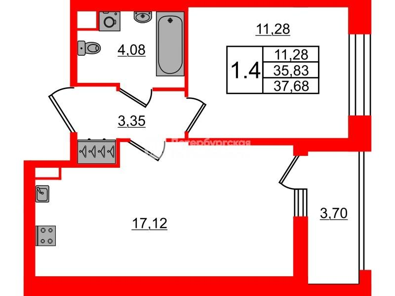 1-комнатная 35 м2 в ЖК Астра Континенталь корпус null этаж 2