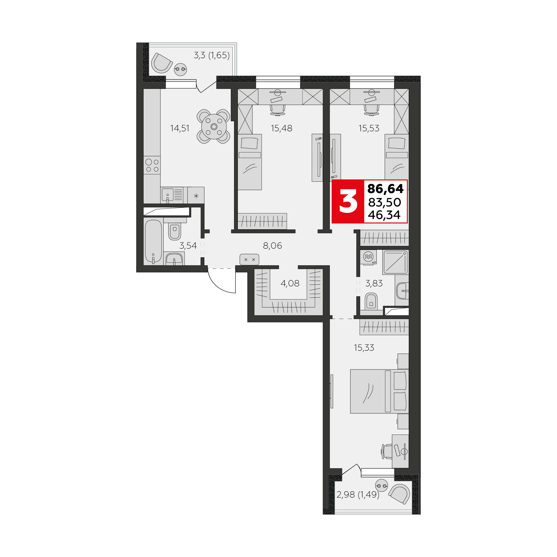 3-комнатная 83 м2 в ЖК К24 корпус null этаж 8