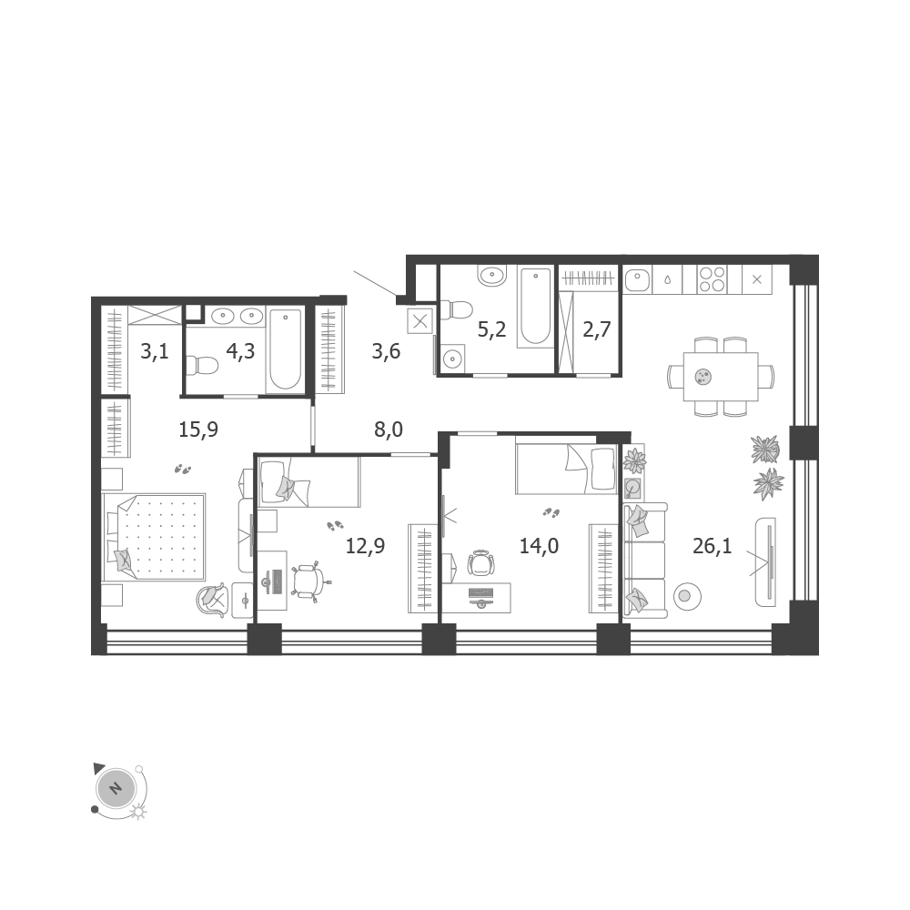 3-комнатная 95 м2 в ЖК Шагал корпус null этаж 9