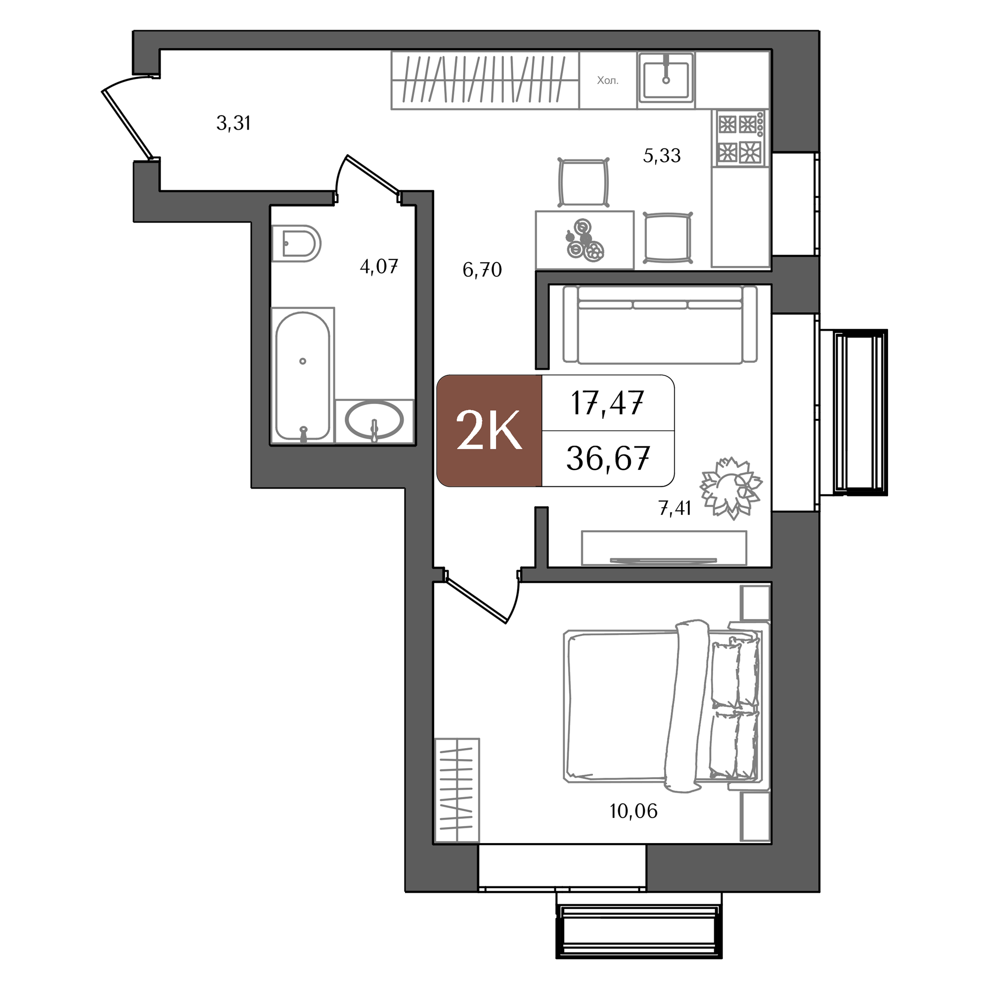 2-комнатная 36 м2 в ЖК Холмогоры корпус null этаж 3