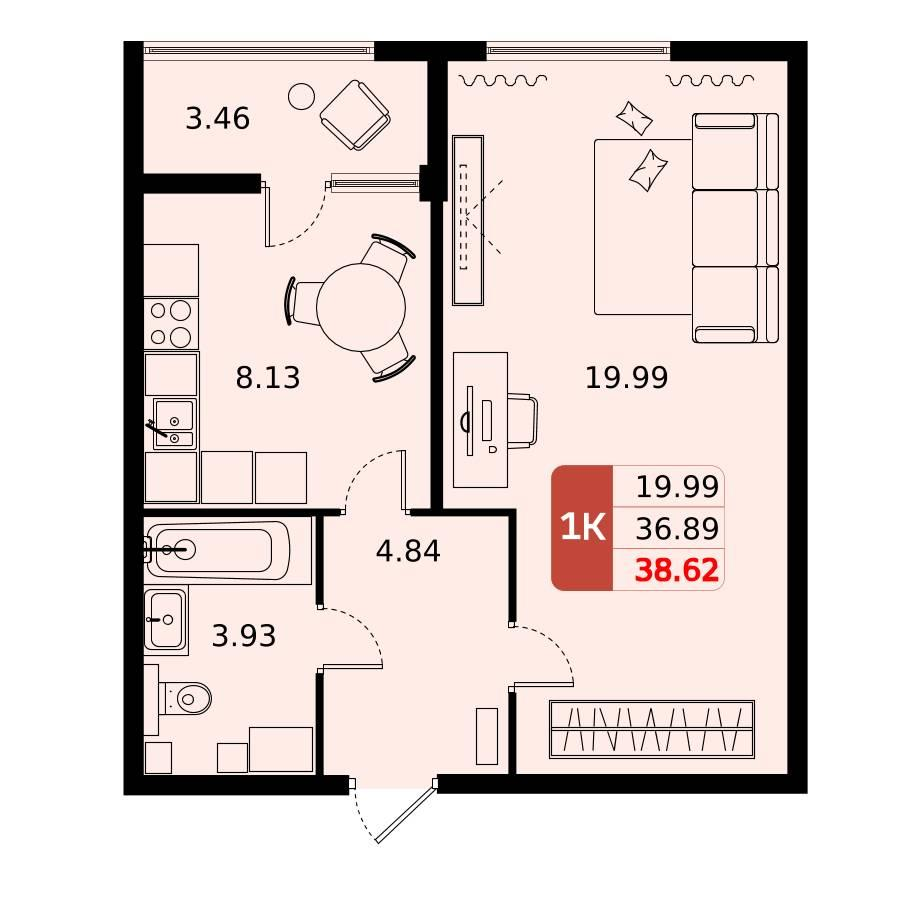 1-комнатная 38 м2 в ЖК Домодедово парк корпус null этаж 8