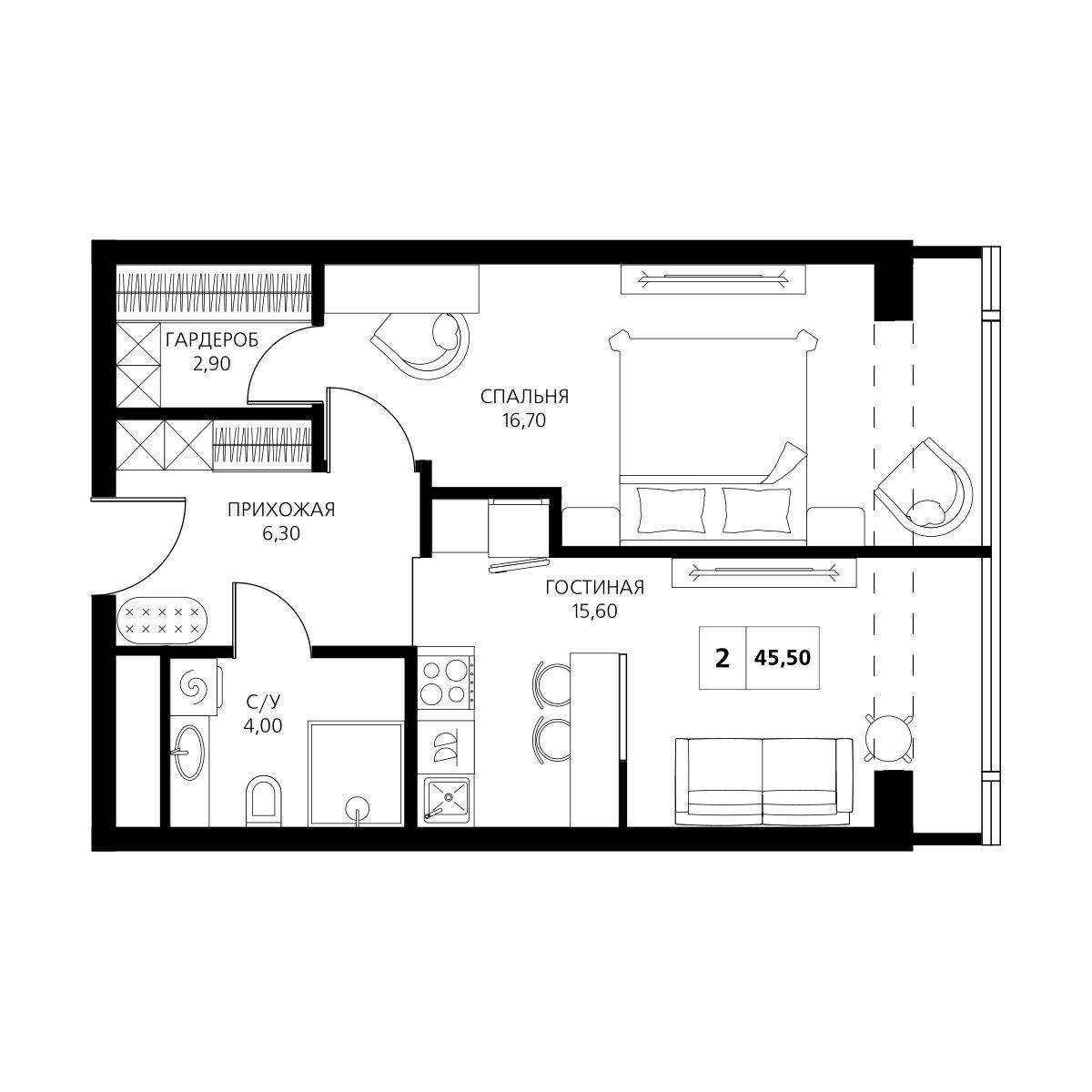 2-комнатная 45 м2 в ЖК Аксис Центр корпус null этаж 8