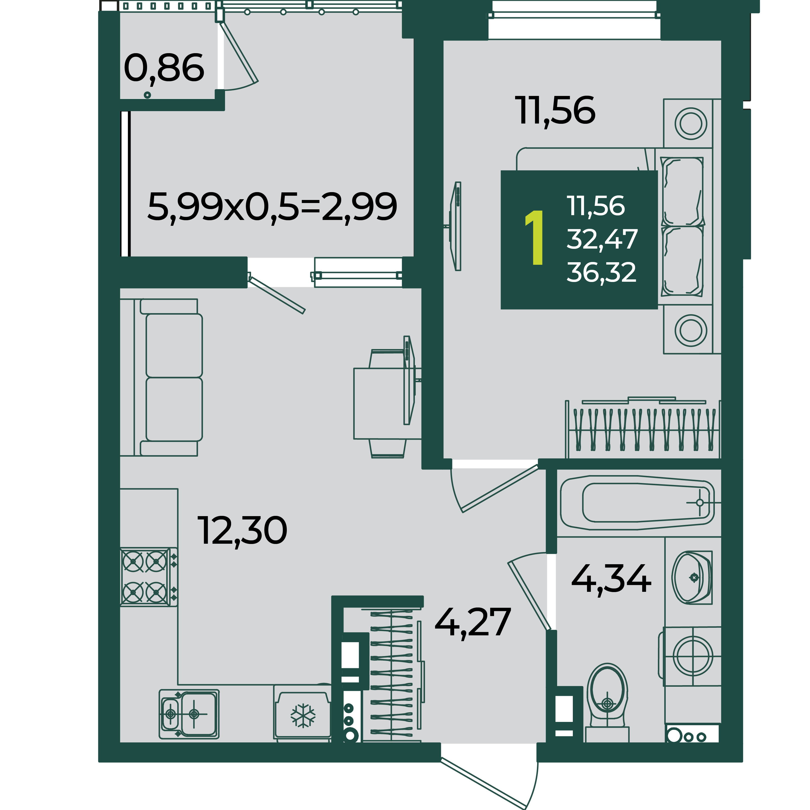 1-комнатная 36 м2 в ЖК Образцово корпус null этаж 5