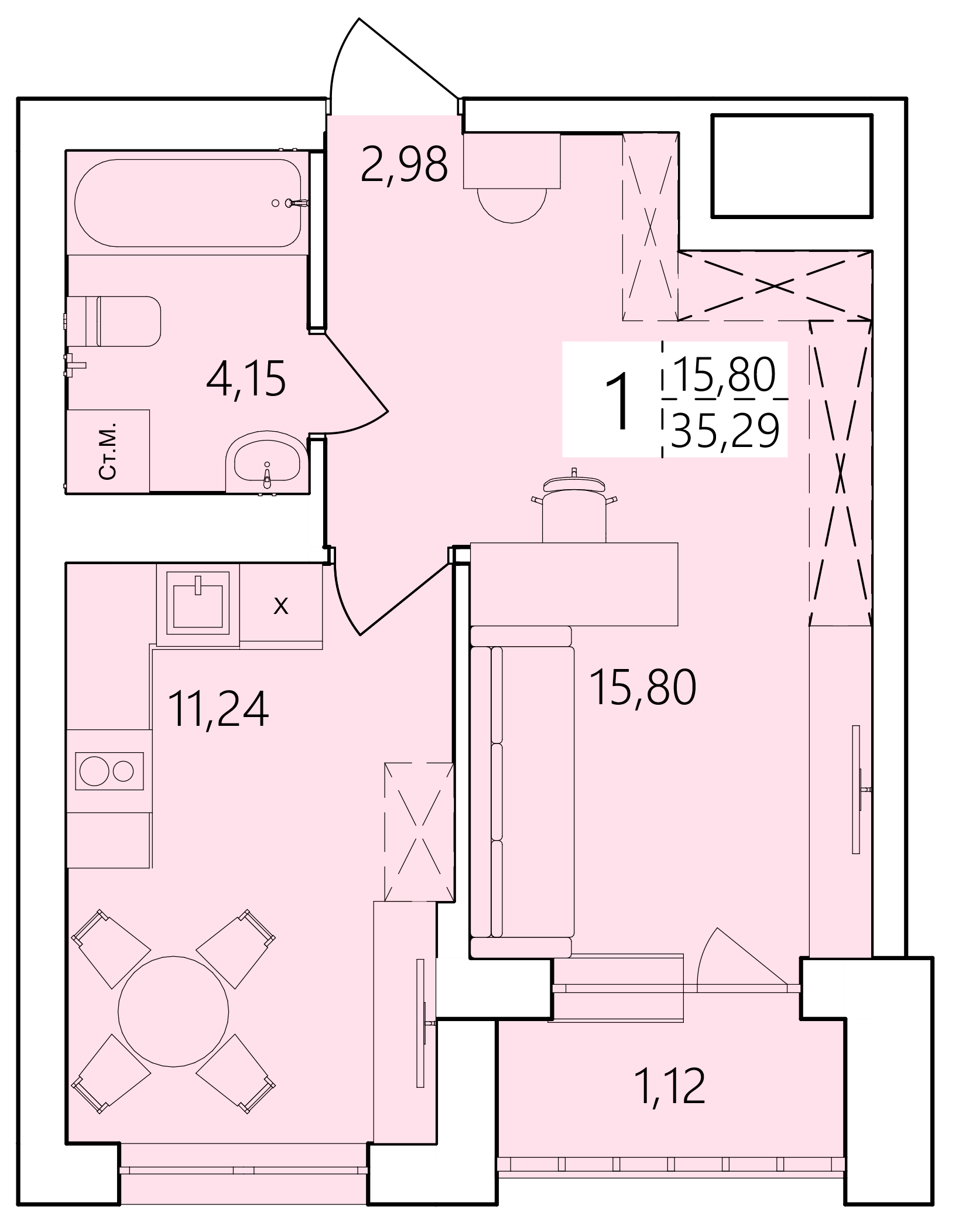 1-комнатная 35 м2 в ЖК Волна корпус null этаж 2