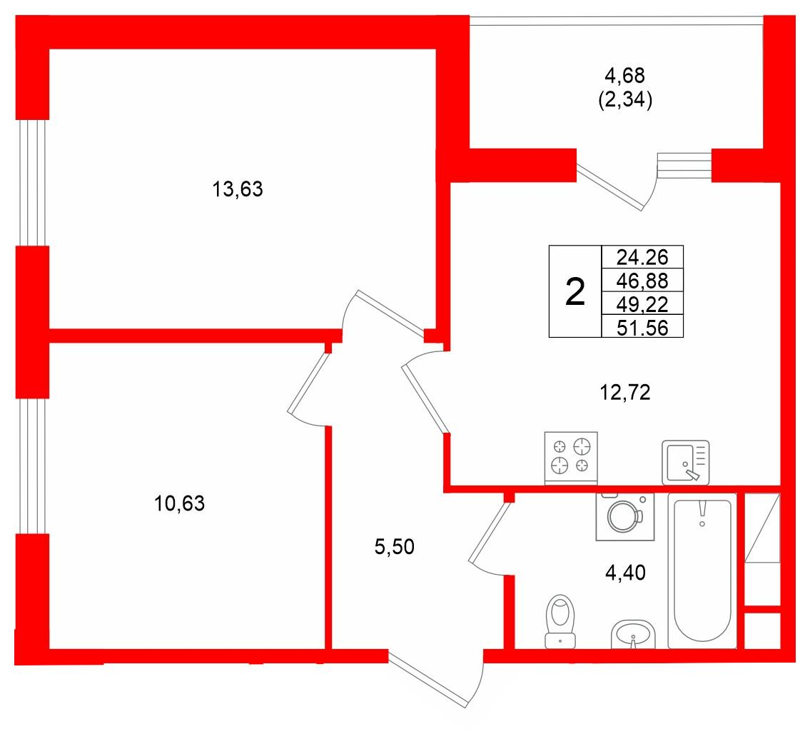 2-комнатная 49 м2 в ЖК IQ Гатчина корпус null этаж 9