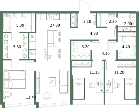 3-комнатная 97 м2 в ЖК Северный порт. Береговые кварталы корпус null этаж 9