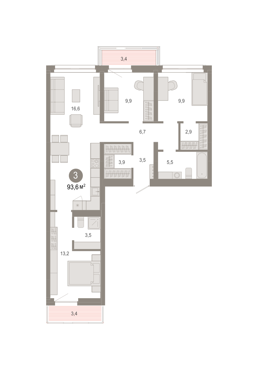3-комнатная 93 м2 в ЖК Квартал Нефть корпус null этаж 6