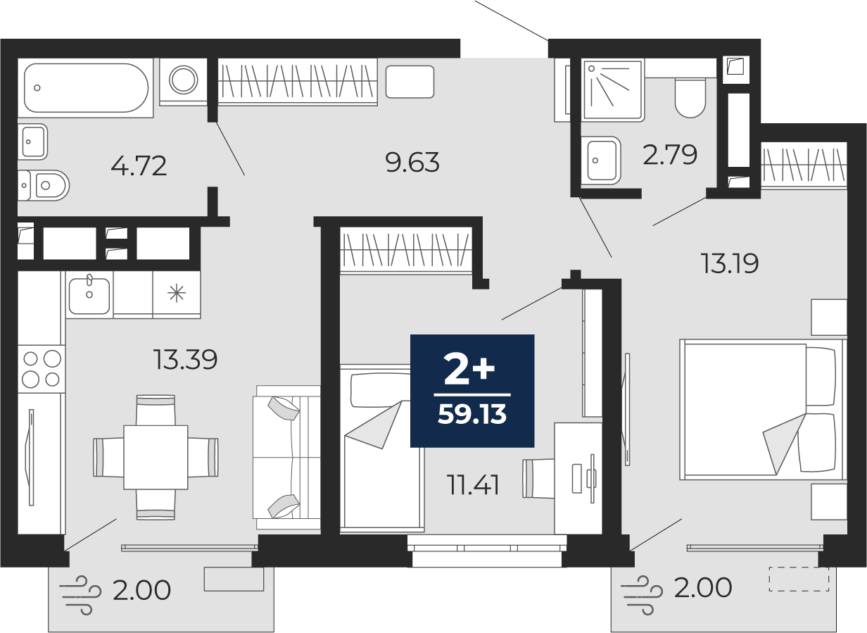 2-комнатная 55 м2 в ЖК Беринг корпус null этаж 14