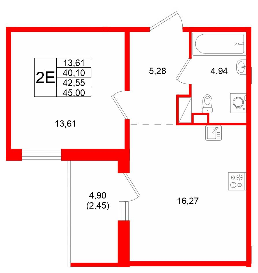 1-комнатная 42 м2 в ЖК IQ Гатчина корпус null этаж 5