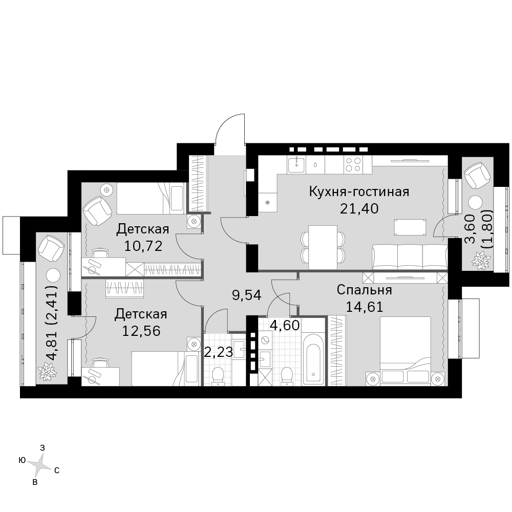 3-комнатная 79 м2 в ЖК Жаворонки Клаб корпус null этаж 4