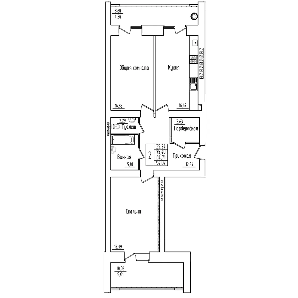 2-комнатная 94 м2 в ЖК «Мирный» поз. 27 корпус null этаж 7