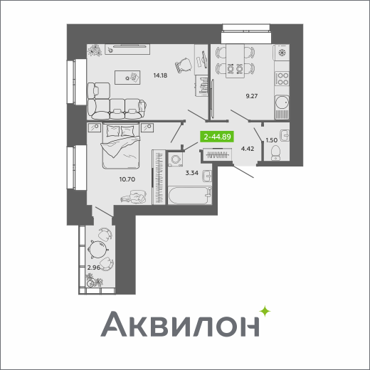 2-комнатная 44 м2 в ЖК RIVER PARK-2 корпус null этаж 11