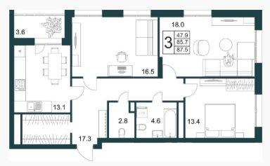 3-комнатная 87.5 м2 в ЖК undefined корпус null этаж 11