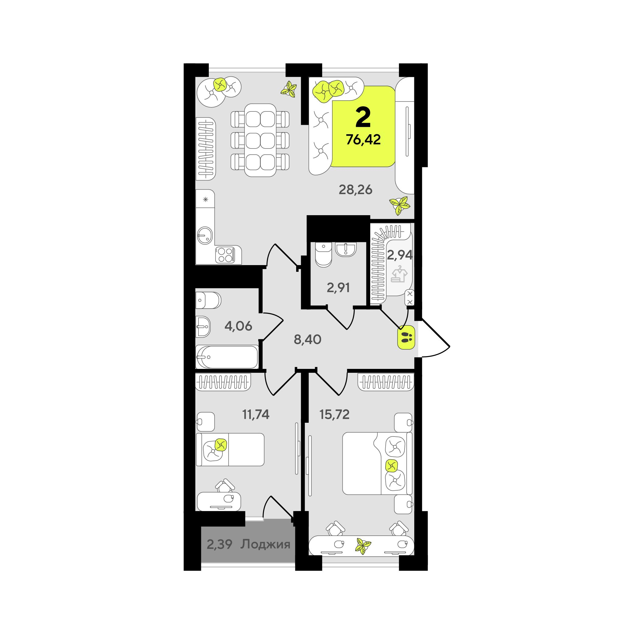 2-комнатная 76 м2 в ЖК Окинава корпус null этаж 2