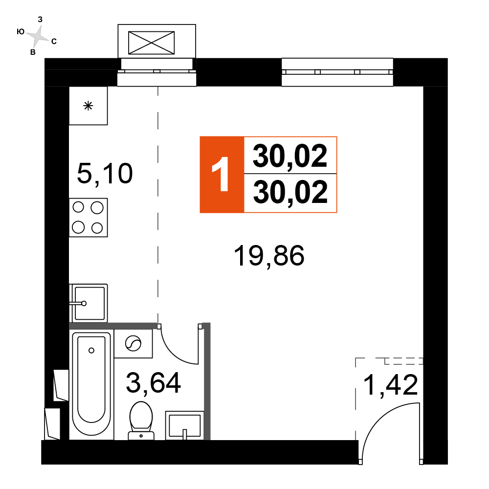 1-комнатная 30 м2 в ЖК Жаворонки Клаб корпус null этаж 2