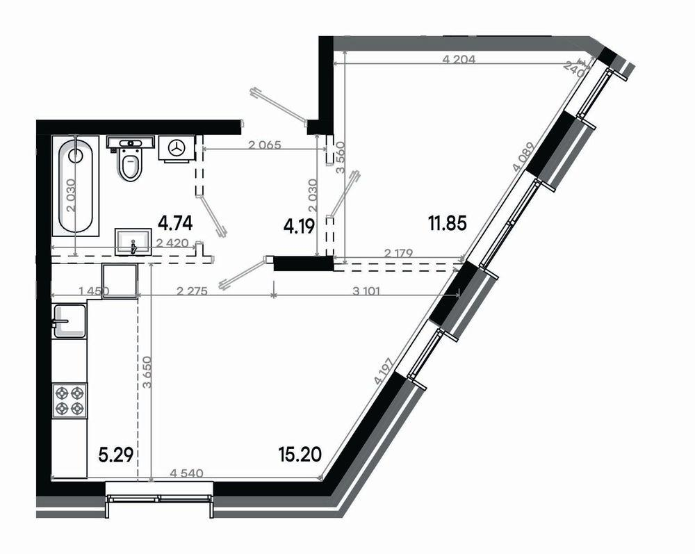 2-комнатная 41 м2 в ЖК Минтимер корпус null этаж 3
