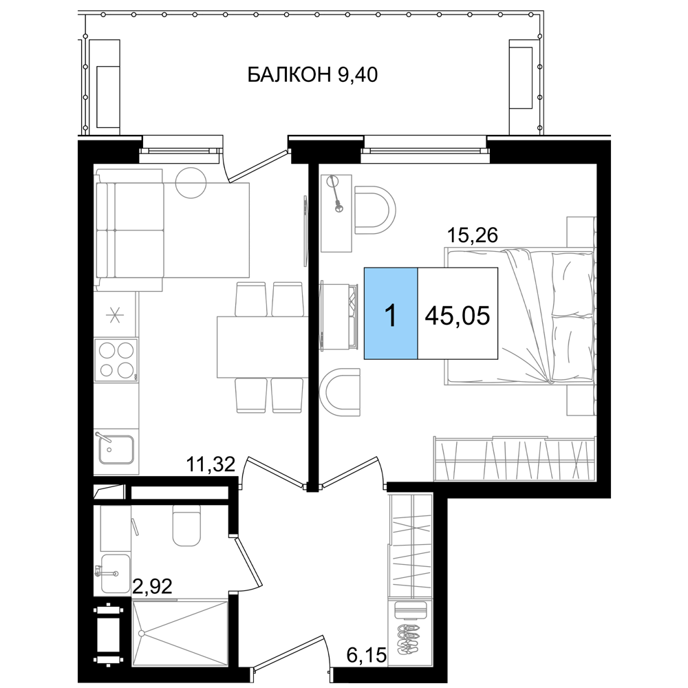 1-комнатная 45 м2 в ЖК Корсаков корпус null этаж 5