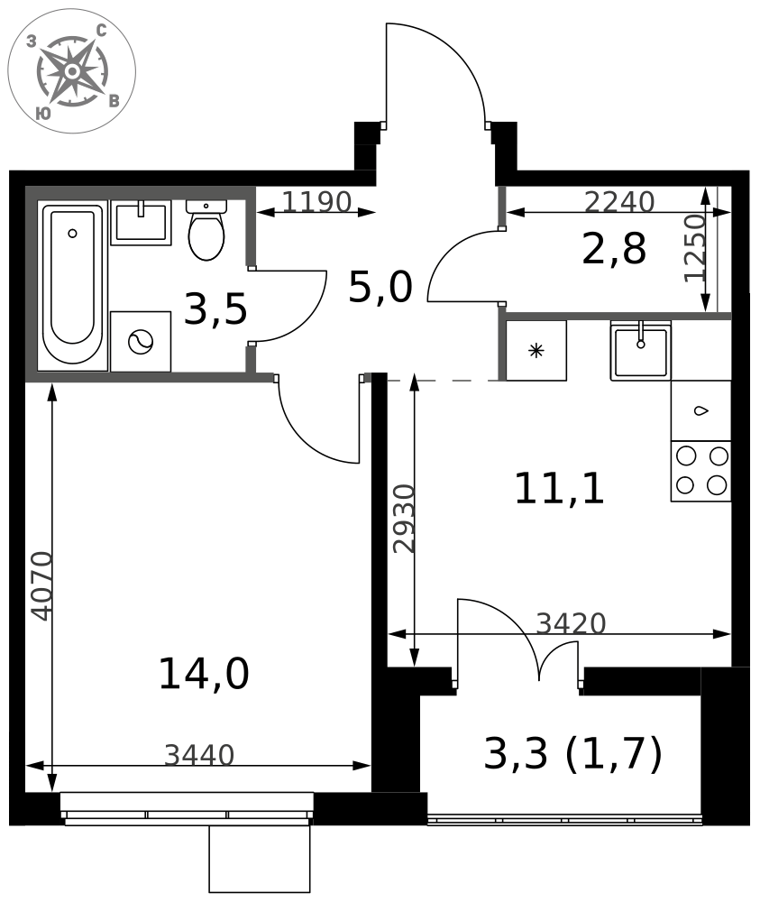 1-комнатная 38 м2 в ЖК 1-й Южный корпус null этаж 18