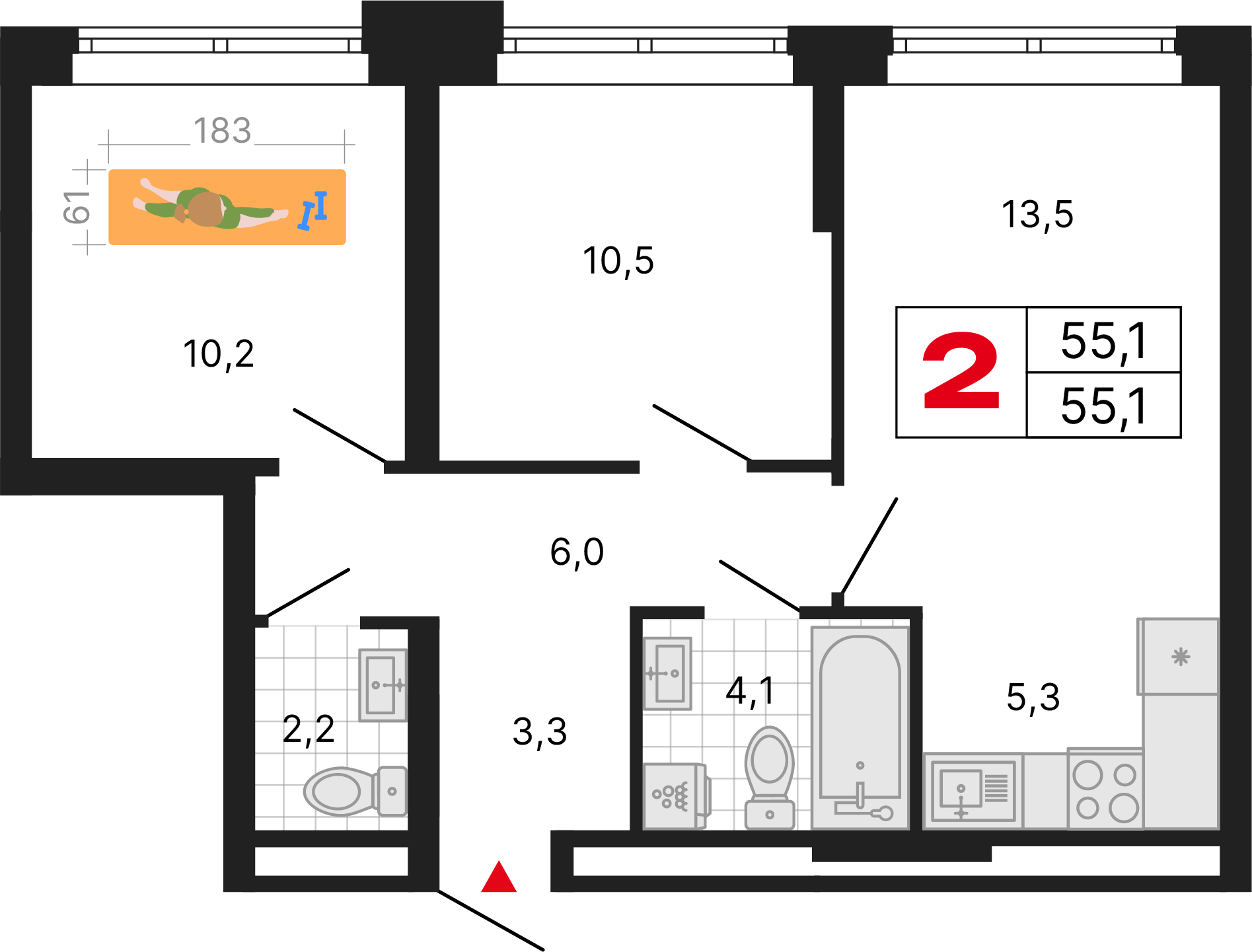 2-комнатная 55 м2 в ЖК Бестселлер корпус null этаж 15