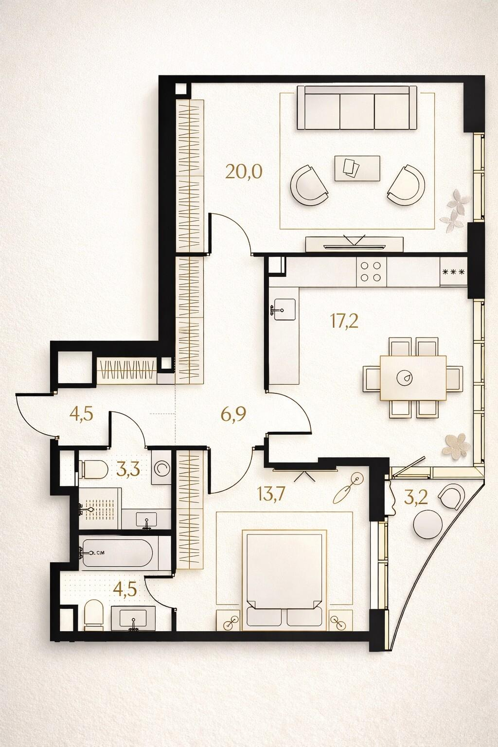 2-комнатная 70.9 м2 в ЖК undefined корпус null этаж 14