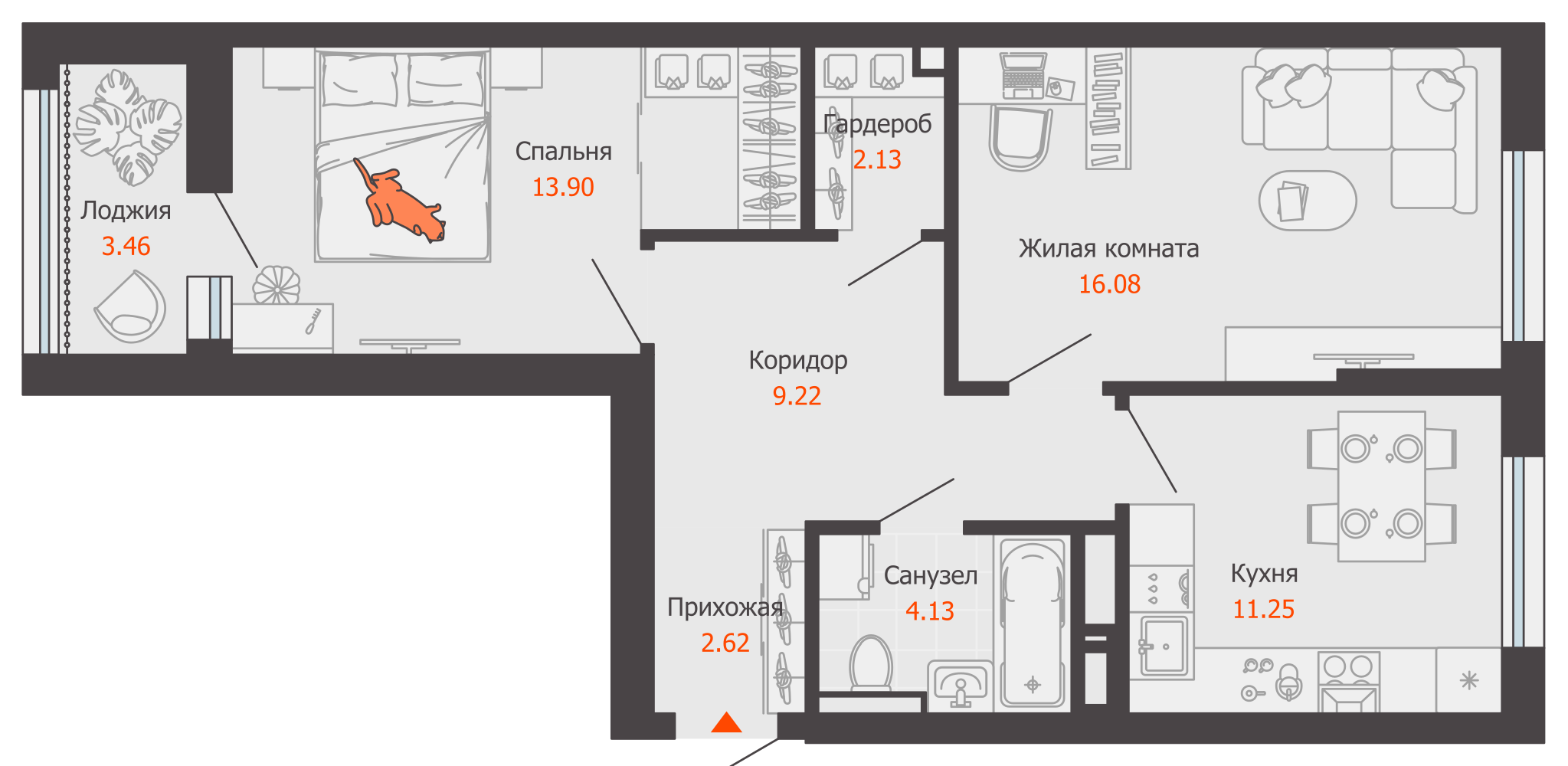 2-комнатная 61 м2 в ЖК Камаполис корпус null этаж 2