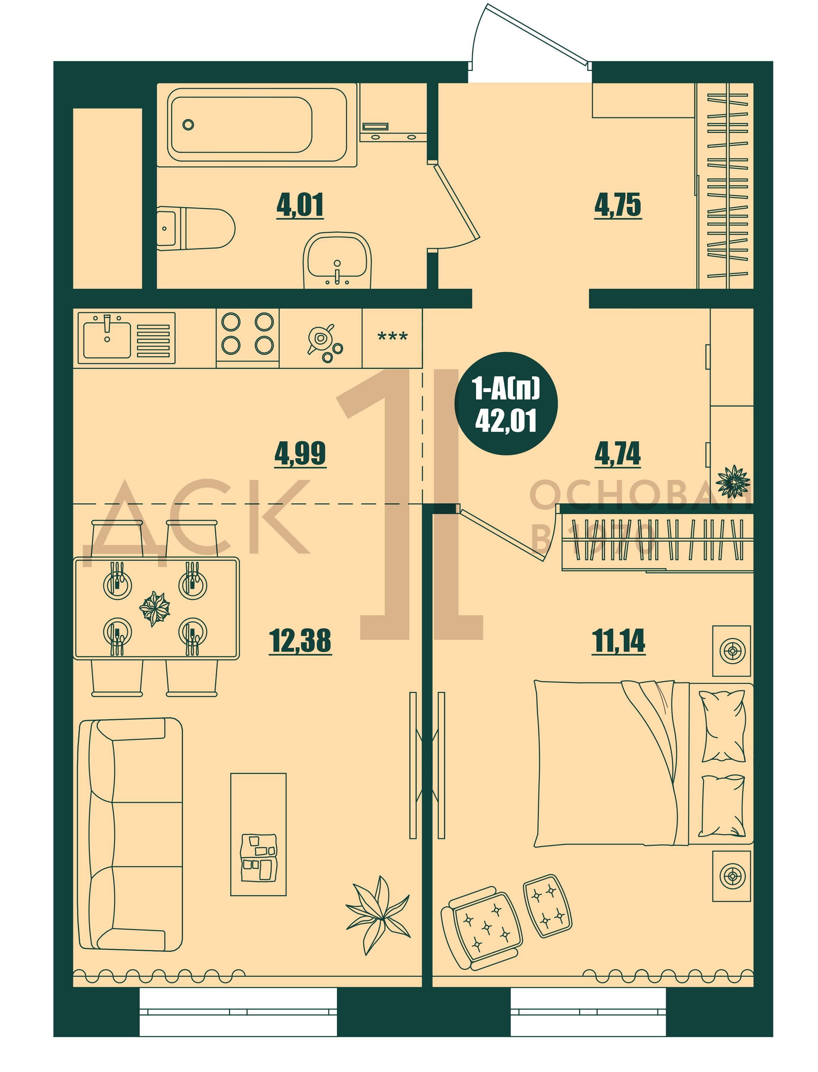 1-комнатная 42 м2 в ЖК Крылов корпус null этаж 13