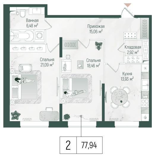 2-комнатная 77 м2 в ЖК Рига Хиллс корпус null этаж 1