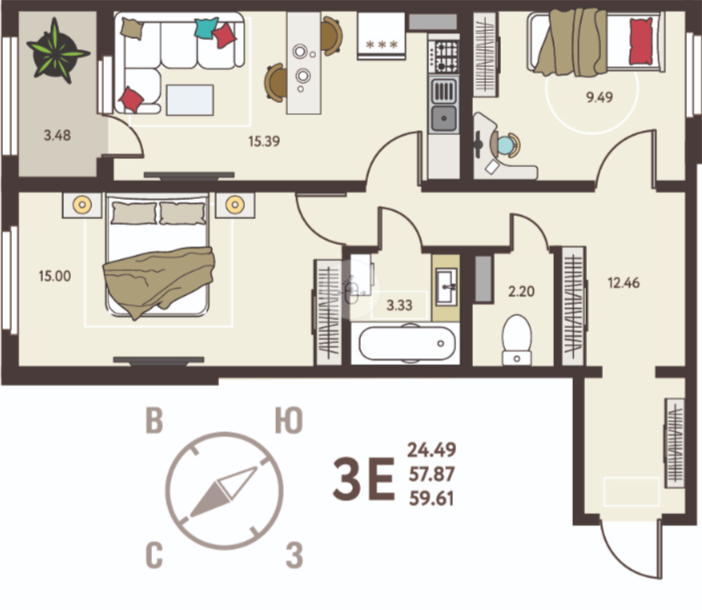 2-комнатная 59.6 м2 в ЖК undefined корпус null этаж 13
