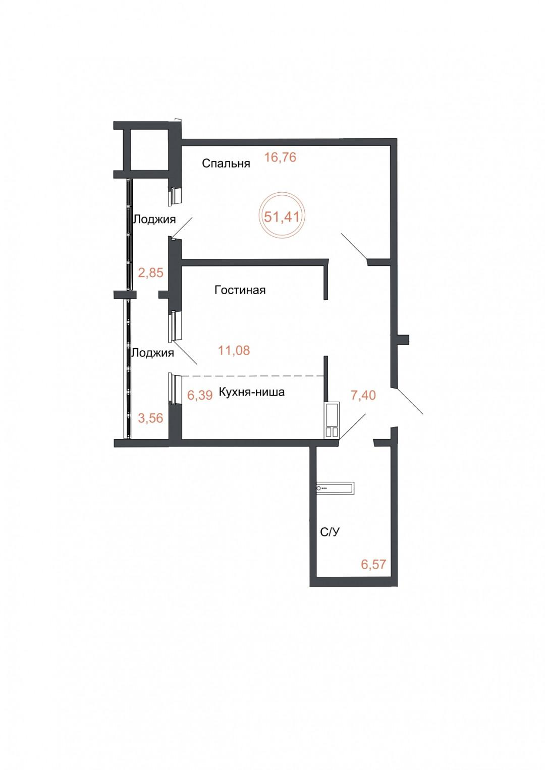 1-комнатная 51.4 м2 в ЖК undefined корпус null этаж 13