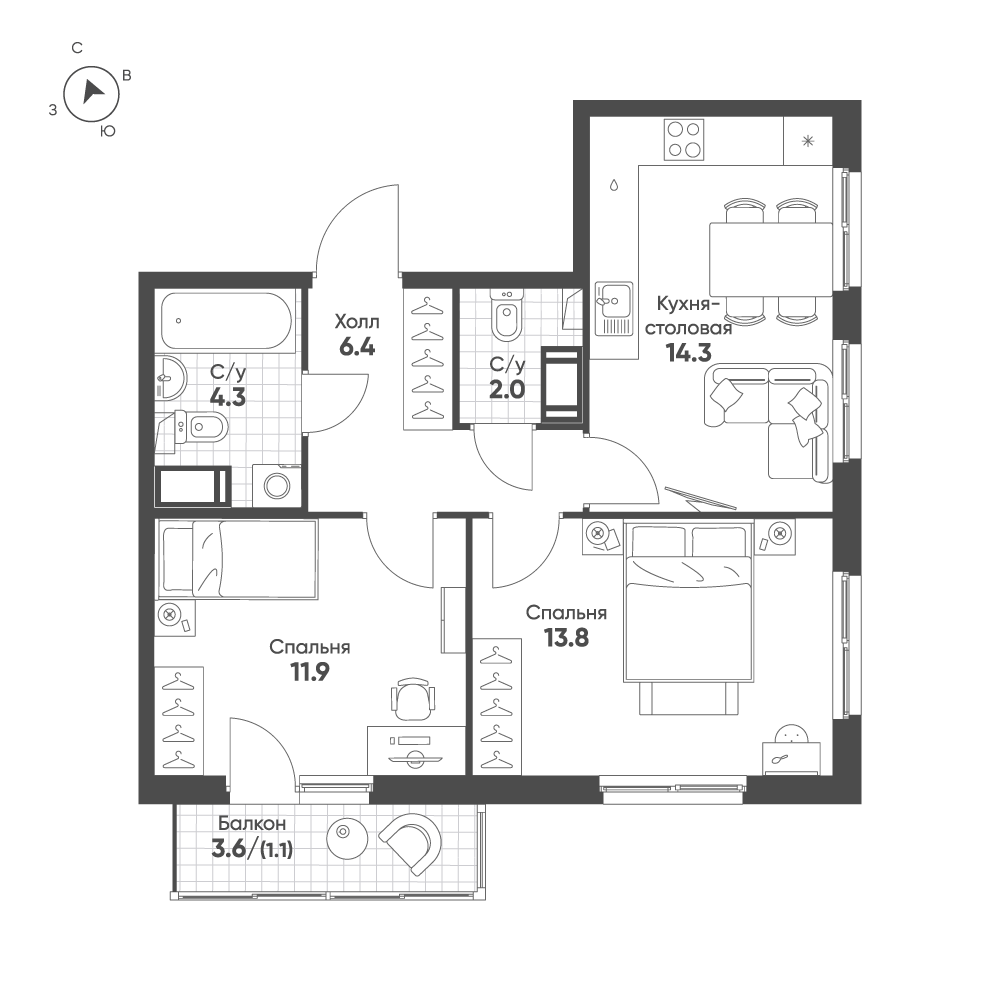 2-комнатная 53 м2 в ЖК Клюква.Парк корпус null этаж 12