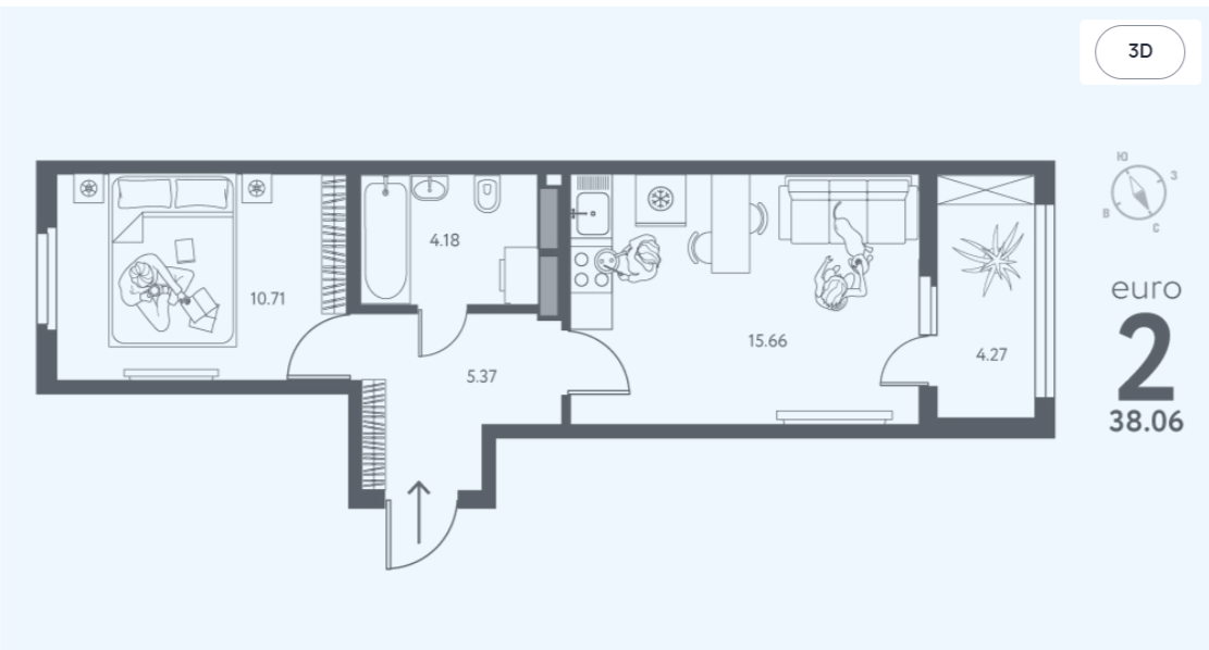 1-комнатная 38.1 м2 в ЖК undefined корпус null этаж 2
