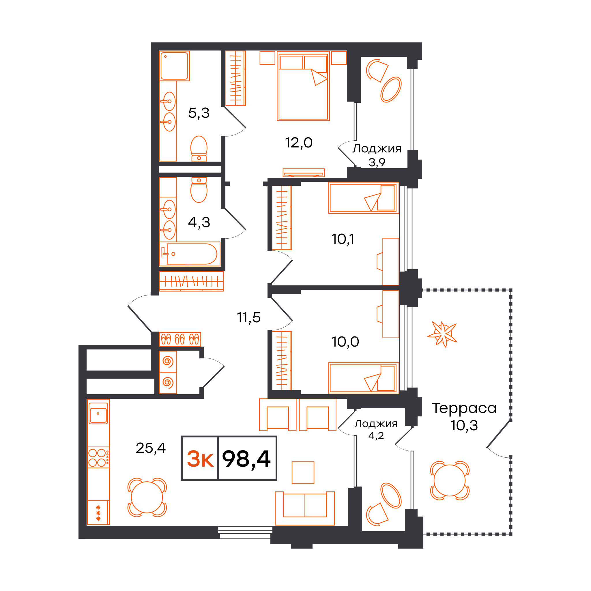 3-комнатная 98 м2 в ЖК Александровский корпус null этаж 1
