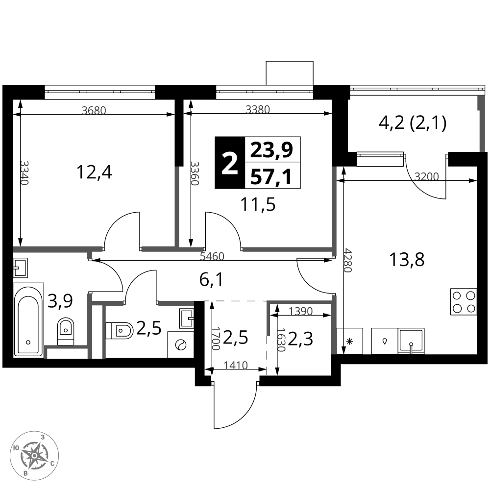 2-комнатная 57 м2 в ЖК 1-й Ясеневский корпус null этаж 6