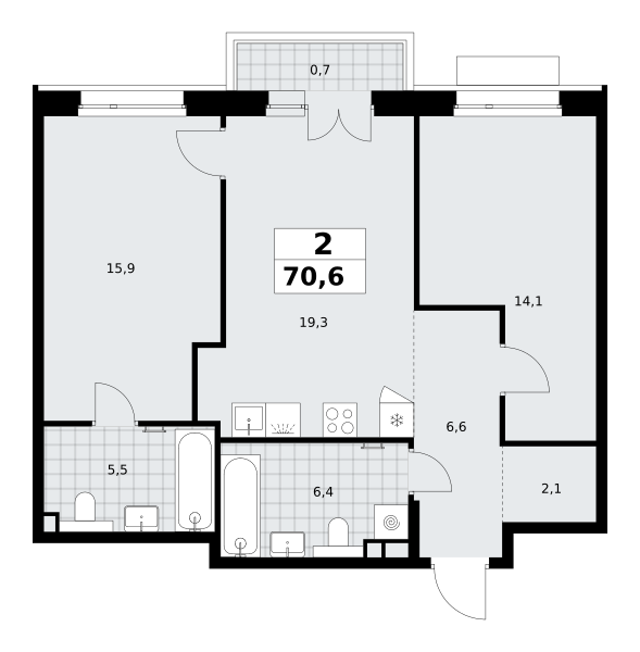 2-комнатная 70 м2 в ЖК Хольм корпус null этаж 5