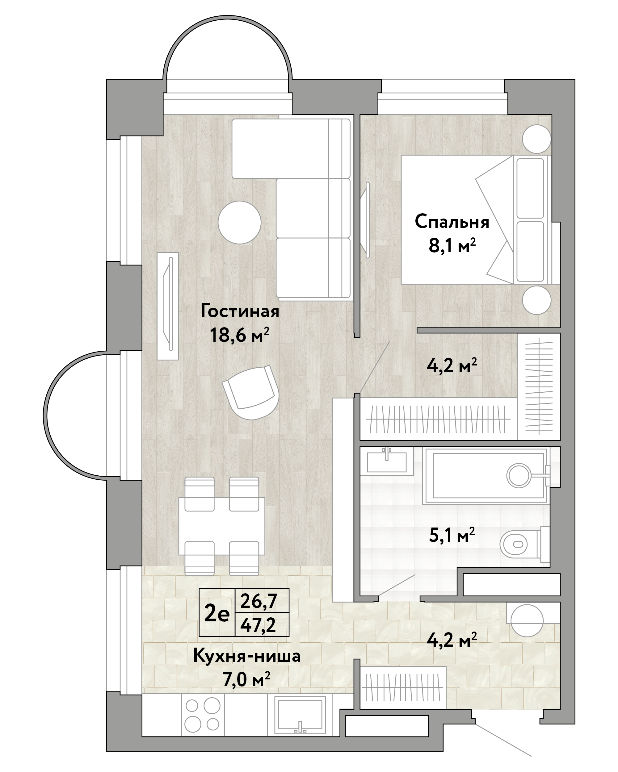 1-комнатная 47 м2 в ЖК Новые Смыслы корпус null этаж 7
