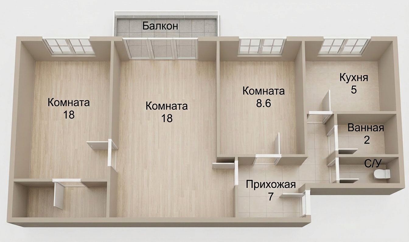 3-комнатная 55.6 м2 в ЖК undefined корпус null этаж 4