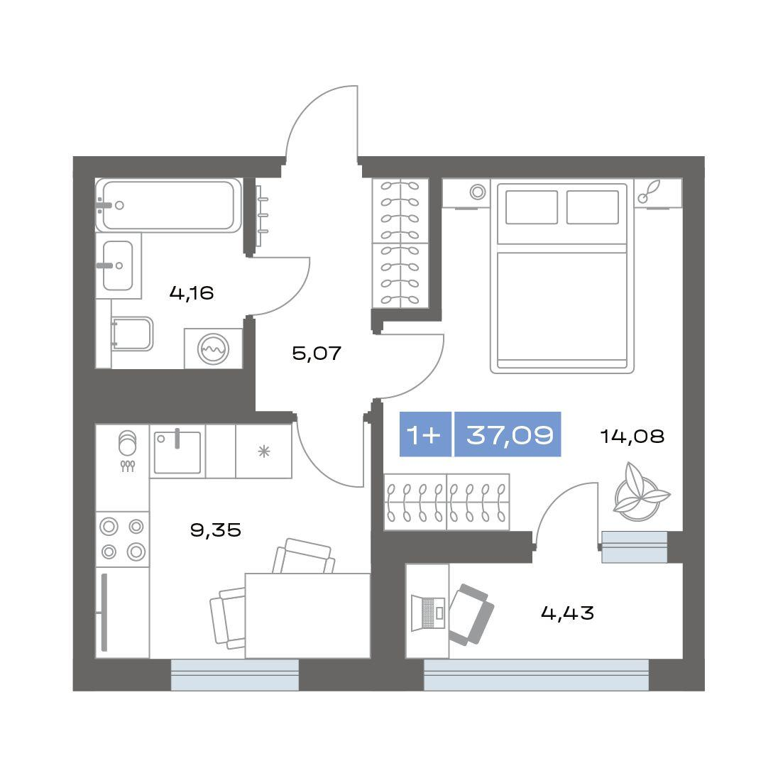 1-комнатная 37 м2 в ЖК Пятнашка корпус null этаж 10