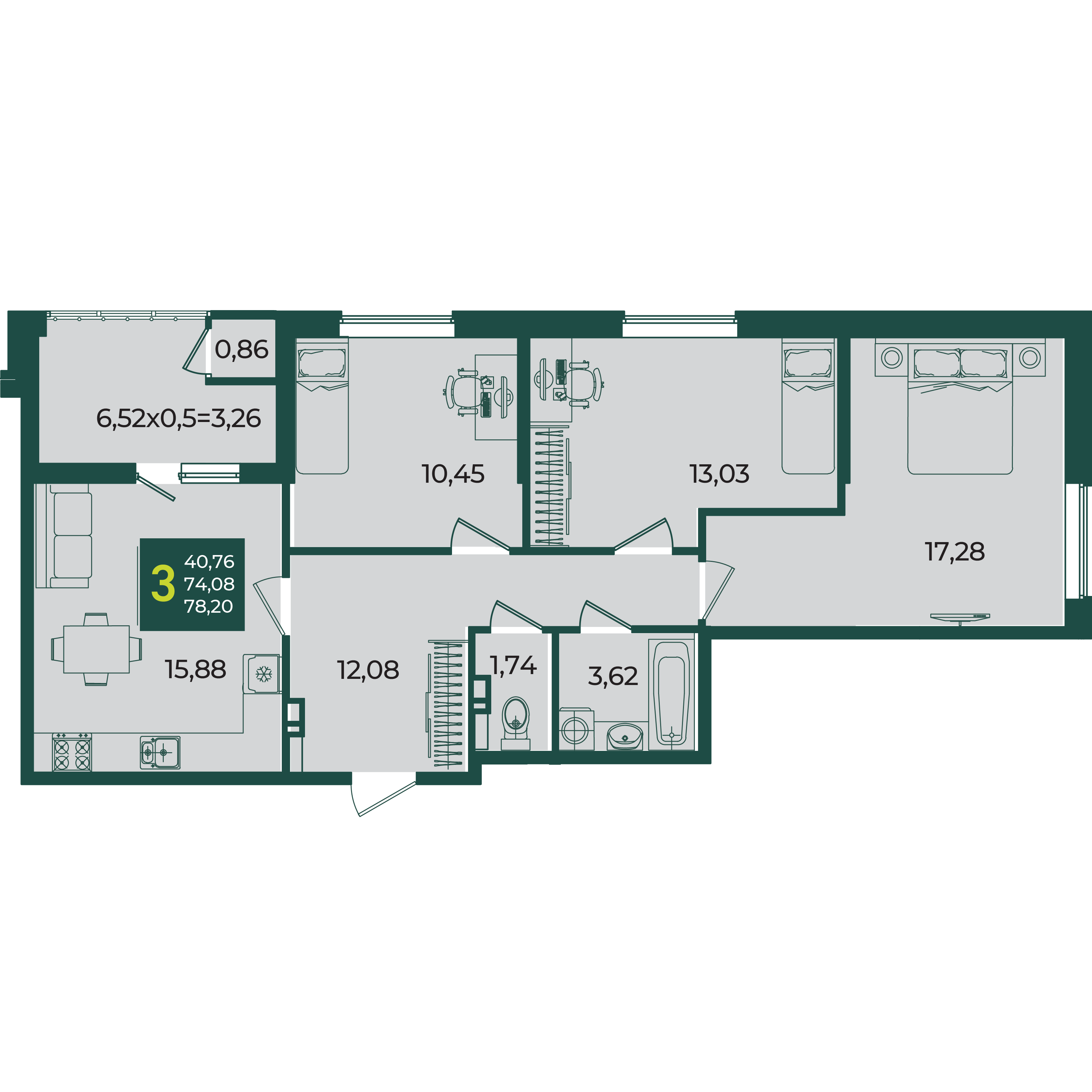 3-комнатная 78 м2 в ЖК Образцово корпус null этаж 5